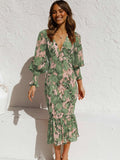 vlovelaw  Elegant V-neck Ruffled Bodycon Long Dress, Long Sleeve Print Waist Summer Slim Dresses, Women's Clothing