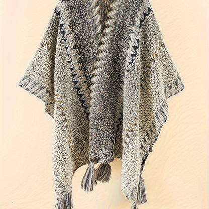 vlovelaw  Plus Size Boho Cover Up, Women's Plus Chevron Pattern Tassel Decor Open Front Cape Shawl