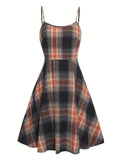 vlovelaw  Elegant Two-piece Dress Set, Textured Crop Top & Plaid Aline Swing Dress Outfits, Women's Clothing