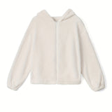 Solid Teddy Hooded Jacket, Casual Zip Up Long Sleeve Outerwear, Women's Clothing
