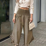 vlovelaw  Shirred Waist Ruffle Trim Pants, Casual Solid Pockets Comfy Pants For Spring & Fall, Women's Clothing