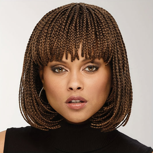 12 Inch Short Box Braid BoBo Wig - Synthetic Hair, Straight Style, Elastic Net Cap, Cornrow Braided Design, Bangs, Basics Style for African Women