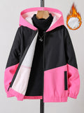 Girls Chevron Color Block Hooded Fleece Lined Windbreaker Jacket For Teen Kids Autumn And Winter