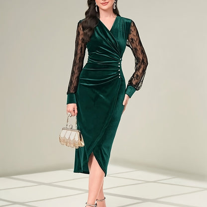 vlovelaw Contrast Lace Bodycon Dress, Elegant Long Sleeve Dress For Party & Banquet, Women's Clothing