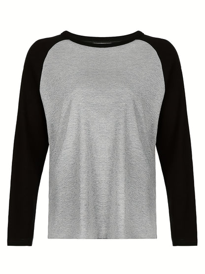 vlovelaw  Colorblock Crew Neck T-Shirt, Casual Raglan Sleeve Top For Spring & Fall, Women's Clothing