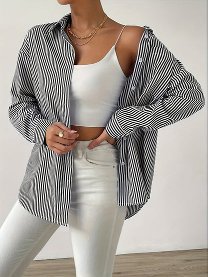 Striped Button Front Shirt, Casual Long Sleeve Lapel Shirt, Women's Clothing