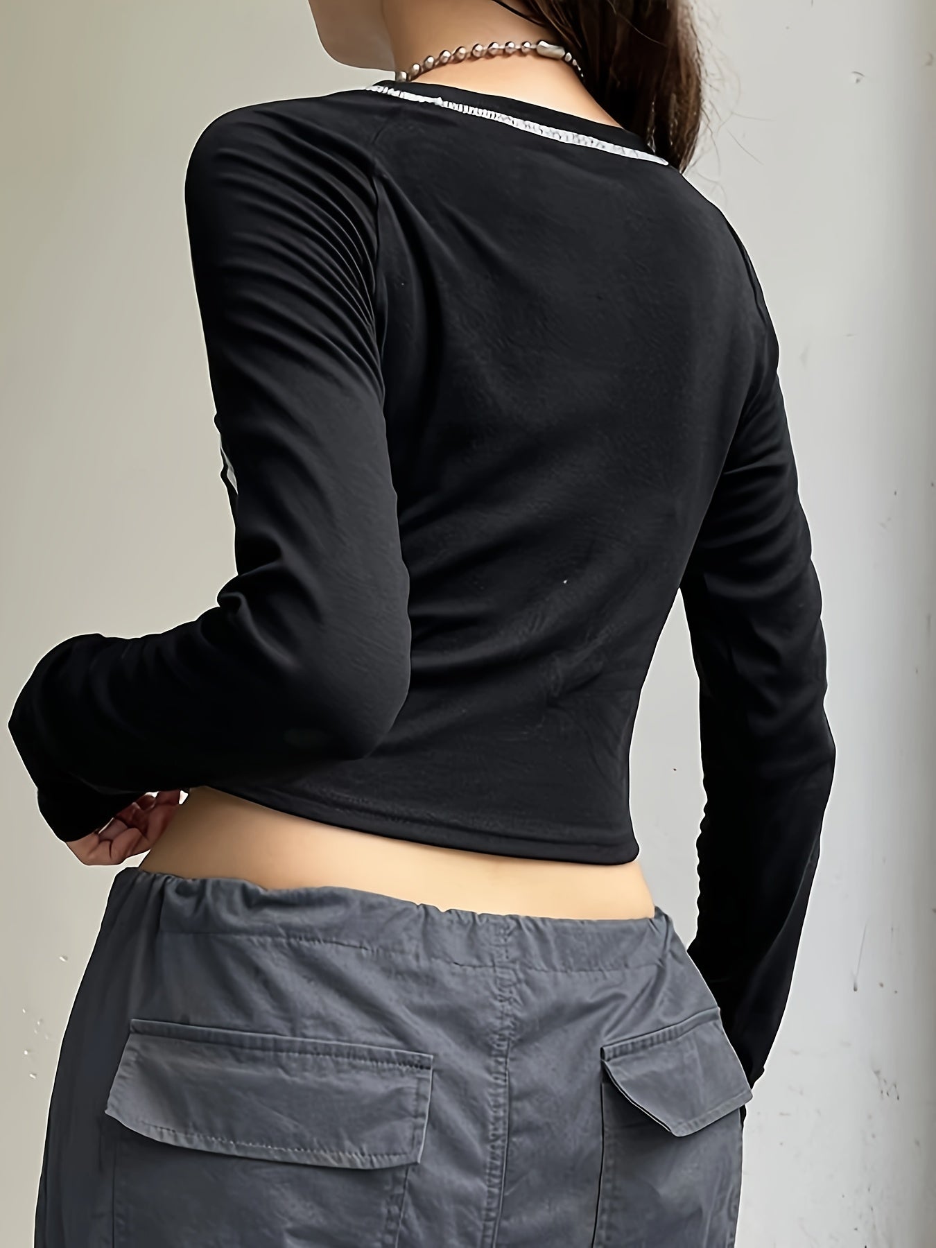 vlovelaw Letter Print Contrast Trim T-Shirt, Casual Long Sleeve T-Shirt For Spring & Fall, Women's Clothing