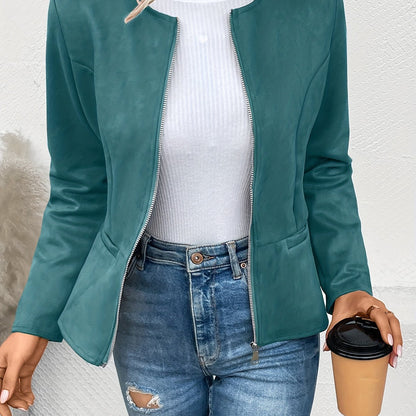 vlovelaw Solid Zip Up Jacket, Casual Long Sleeve Crew Neck Outerwear For Spring & Fall, Women's Clothing