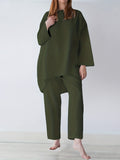 Solid Casual Two-piece Set, Long Sleeve Crew Neck Loose Tops & Wide Leg Pants Outfits, Women's Clothing