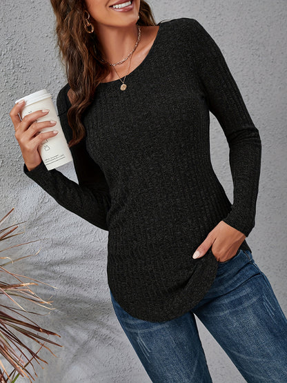 Long Sleeve Solid Color Crew Neck Casual T-shirt with Fake Buttons - Soft Mid-Elasticity Polyester Fabric, Regular Length, No Printing, Perfect for Spring and Fall Seasons