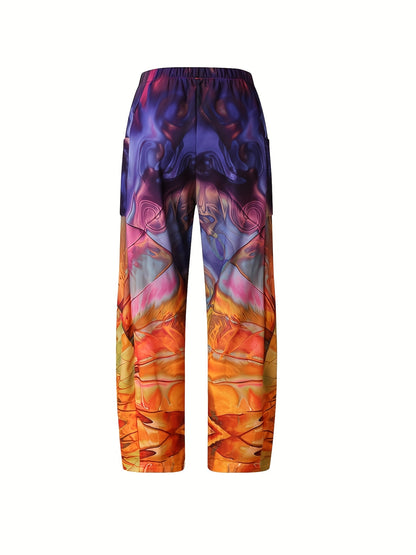 vlovelaw Plus Size Ombre Print High Rise Wide Leg Pants, Women's Plus Casual Non Stretch Wide Leg Pants