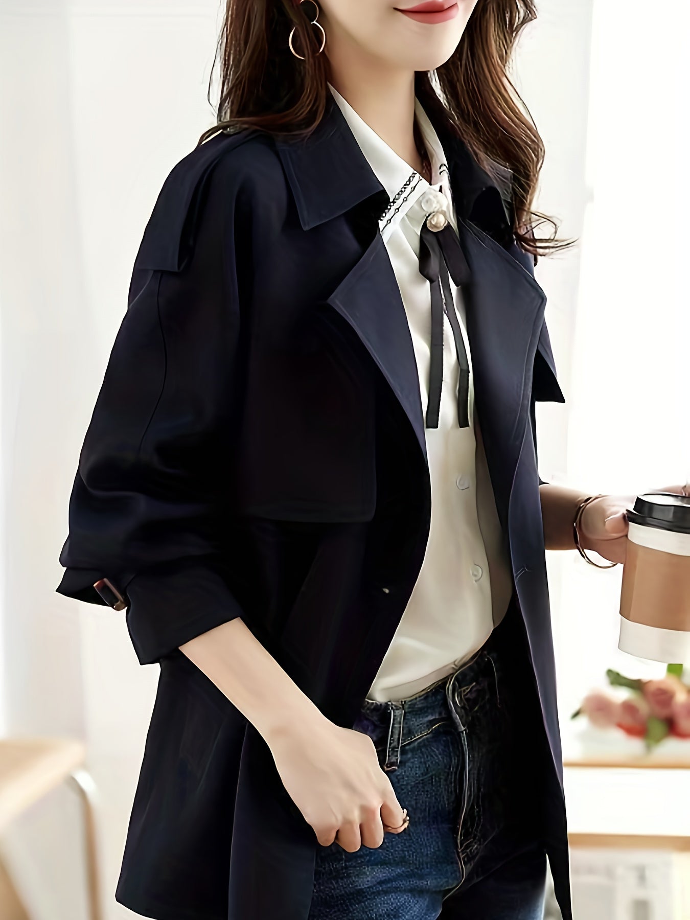 Double Breasted Solid Jacket, Casual Open Front Long Sleeve Outerwear, Women's Clothing