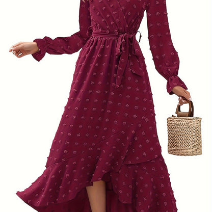 vlovelaw  Solid Color Pleated Hem Dress, Elegant Belt Cross Surplice Neck Long Sleeve Dress, Women's Clothing