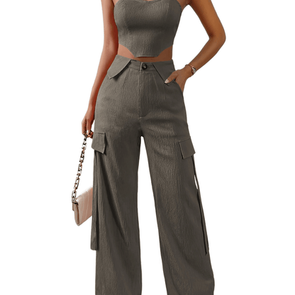 vlovelaw Solid Color Two-piece Set, Tie Back Tube Top & Pants Outfits, Women's Clothing