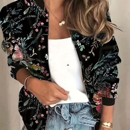 vlovelaw Graphic Print Zipper Jacket, Casual Baseball Neck Long Sleeve Outerwear, Women's Clothing