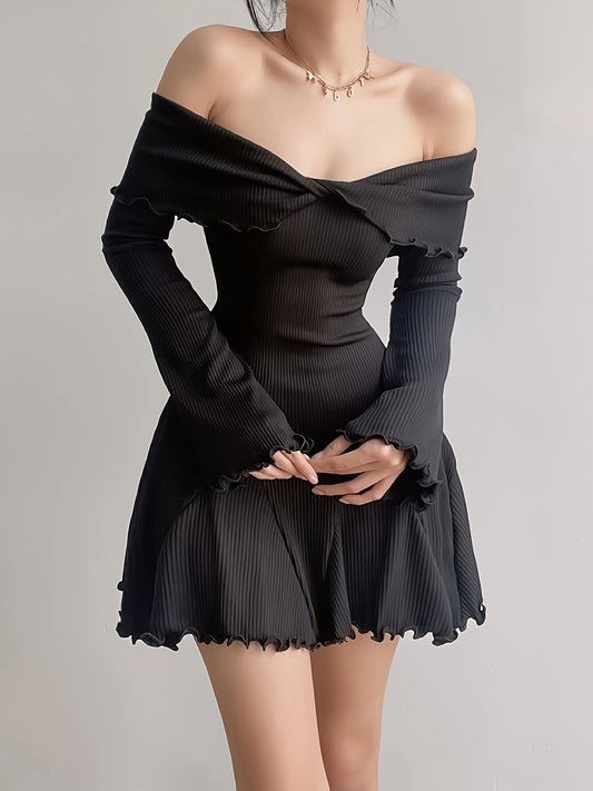 vlovelaw  Twist Front Off Shoulder Mini Dress, Elegant Long Sleeve A-line Dress, Women's Clothing
