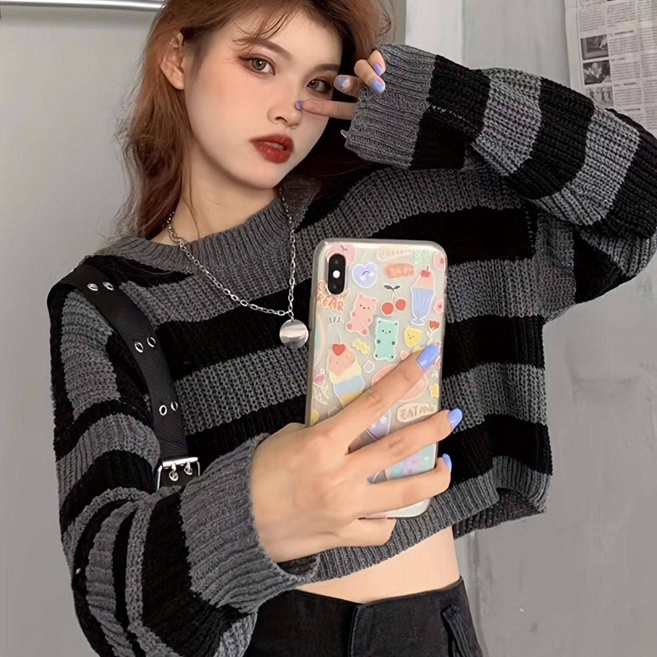 vlovelaw  Striped Crew Neck Pullover Sweater, Casual Long Sleeve Loose Crop Sweater, Women's Clothing