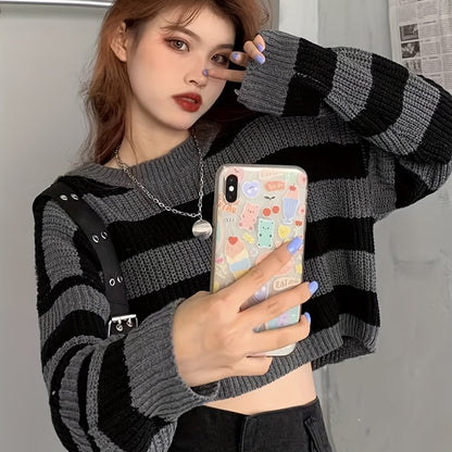 vlovelaw  Striped Crew Neck Pullover Sweater, Casual Long Sleeve Loose Crop Sweater, Women's Clothing