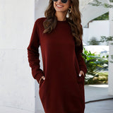 Casual Crew Neck Sweatshirt Dress, Long Sleeve With Pocket Sweatshirt Dresses , Women's Clothings
