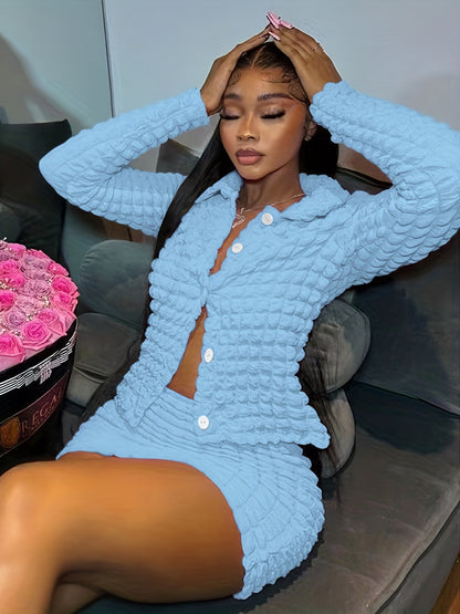 vlovelaw Popcorn Style Two-piece Skirt Set, Button Front Top & Textured Skirt Outfits, Women's Clothing