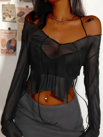 vlovelaw  Solid Cold Shoulder Split Side T-shirt, Y2K Long Sleeve Sheer Top, Women's Clothing
