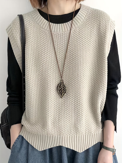 vlovelaw  vlovelaw  Solid Crew Neck Sweater Vest, Casual Sleeveless Vest For Spring & Fall, Women's Clothing
