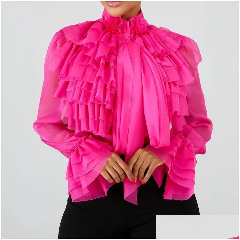 Women'S Blouses Shirts Plain Fal Long Sleeve Women Summer Pink Ruffles Tops Blouse Female Plus Size Office Ol Elegant Lady Mx20040 Dhtcg