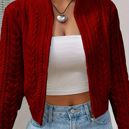 vlovelaw  Solid Zip Up Cable Knit Cardigan, Elegant Mock Neck Long Sleeve Slim Sweater, Women's Clothing