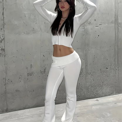 vlovelaw  Solid Knitted Casual Two-piece Set, Zip Up Hooded Crop Top & Pants Outfits, Women's Clothing