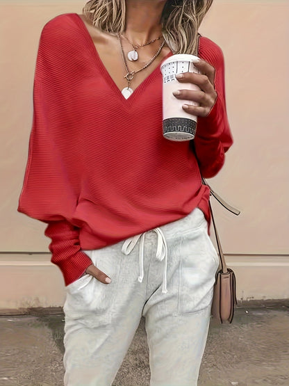 Solid V Neck T-Shirt, Casual Long Sleeve Top For Spring & Fall, Women's Clothing