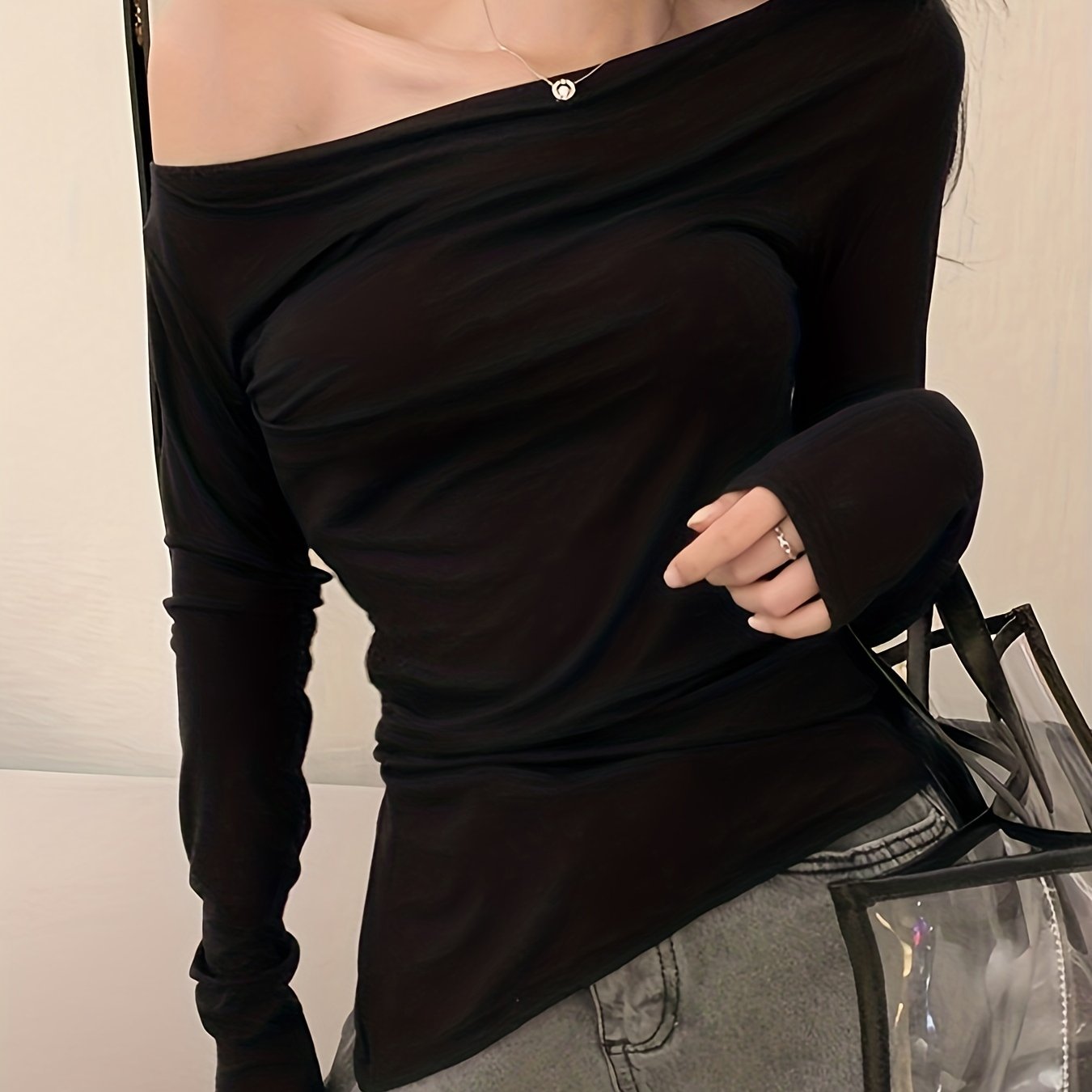 Solid Off Shoulder T-shirt, Casual Long Sleeve Slim Top For Spring & Fall, Women's Clothing