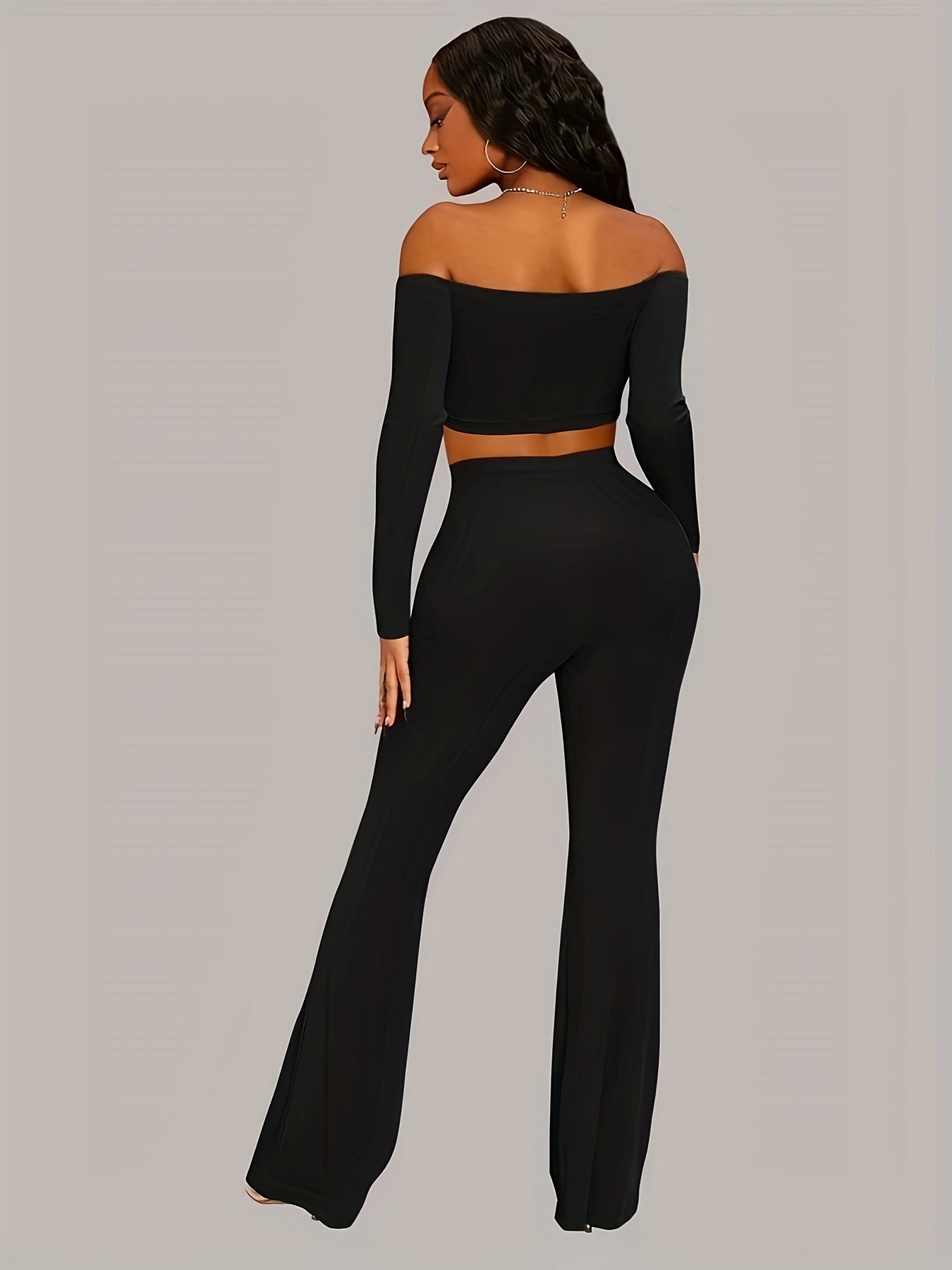 vlovelaw  Solid Casual Two-piece Set, Off Shoulder Long Sleeve Top & Flare Leg Pants Outfits, Women's Clothing