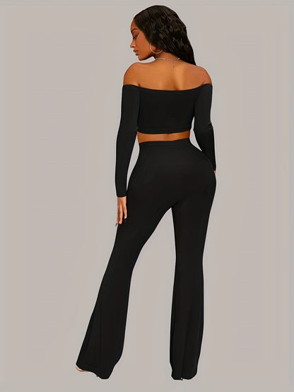 vlovelaw  Solid Casual Two-piece Set, Off Shoulder Long Sleeve Top & Flare Leg Pants Outfits, Women's Clothing