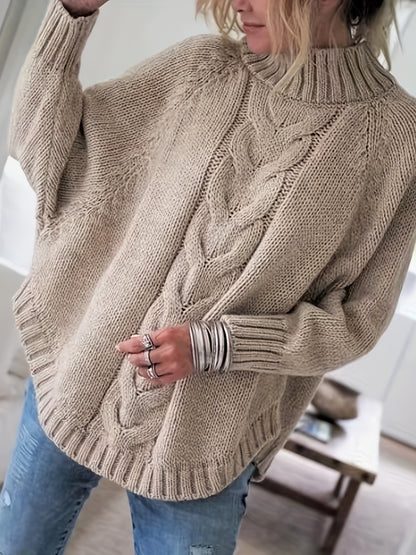 Cable Mock Neck Sweater, Vintage Batwing Sleeve Curved Hem Sweater, Women's Clothing