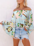 vlovelaw Women's T-shirt Women Floral Print Smocked Cuff Flare Sleeve Shirt