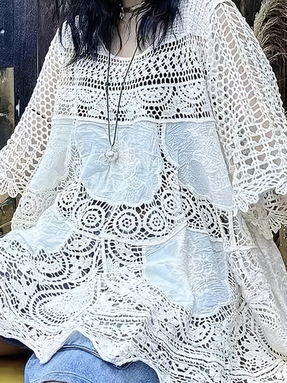 vlovelaw  Crochet Cover Up Top, Casual Beach Wear Cut Out Half Sleeve Top, Women's Clothing