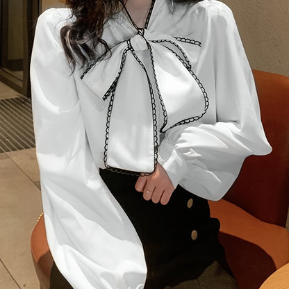 vlovelaw  Contrast Trim Tie Neck Blouse, Elegant Long Sleeve Blouse For Spring & Fall, Women's Clothing