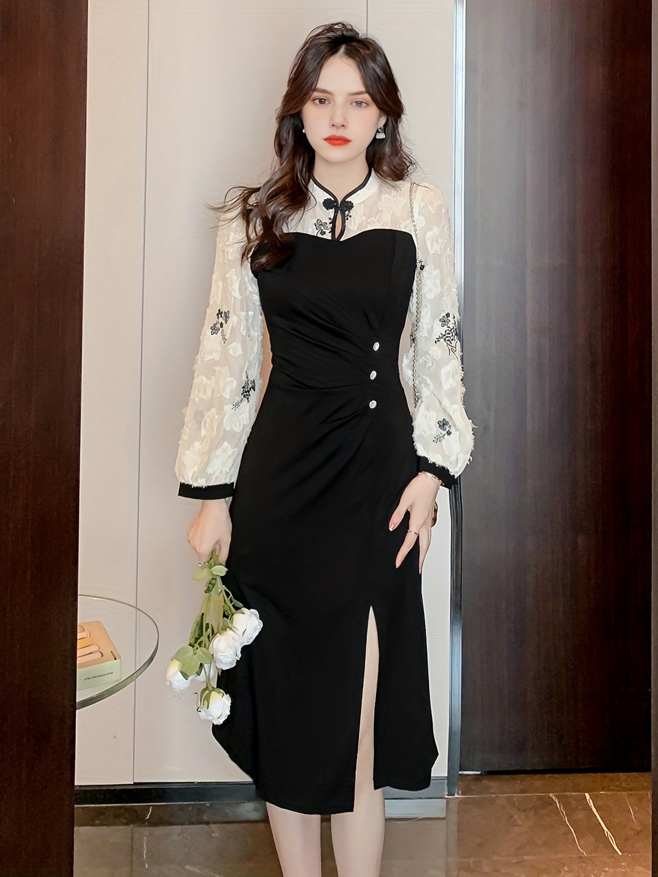 Split Hem Dress, Elegant Long Sleeve Slim Ruched Midi Dress, Women's Clothing