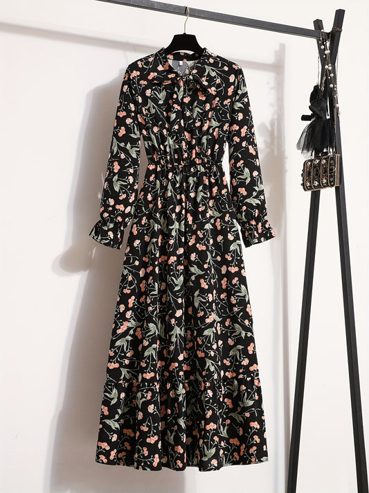 vlovelaw Floral Print Tie Neck Dress, Vintage Long Sleeve A Line Dress, Women's Clothing