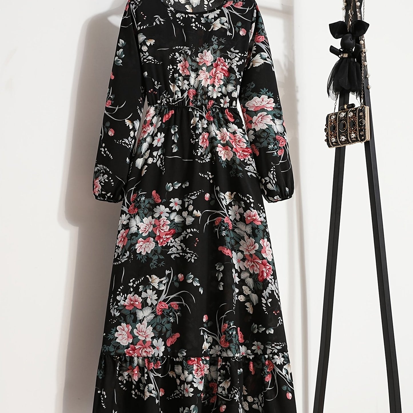 vlovelaw  Bohemian Polka Dot Print Long Dress, Ruffle Hem Round Neck Long Sleeve Elastic Waist A-Line Dresses, Women's Clothing