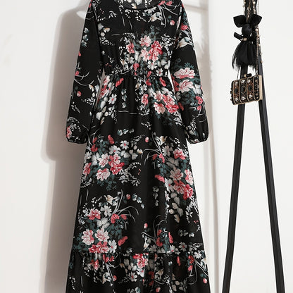 vlovelaw  Bohemian Polka Dot Print Long Dress, Ruffle Hem Round Neck Long Sleeve Elastic Waist A-Line Dresses, Women's Clothing