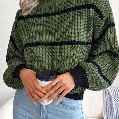 vlovelaw Striped Color Block Crew Neck Sweater, Casual Long Sleeve Loose Fall Winter Knit Sweater, Women's Clothing