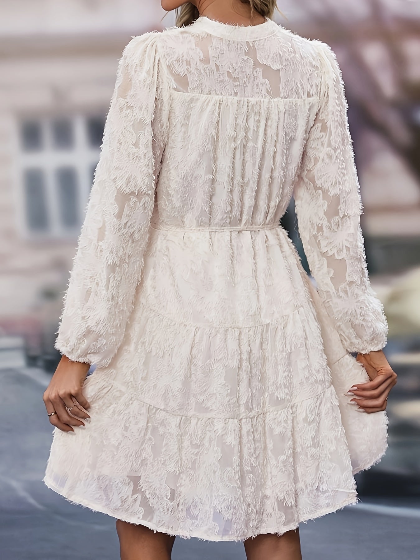 vlovelaw Solid Floral Jacquard Dress, Elegant Button Front Long Sleeve Dress, Women's Clothing