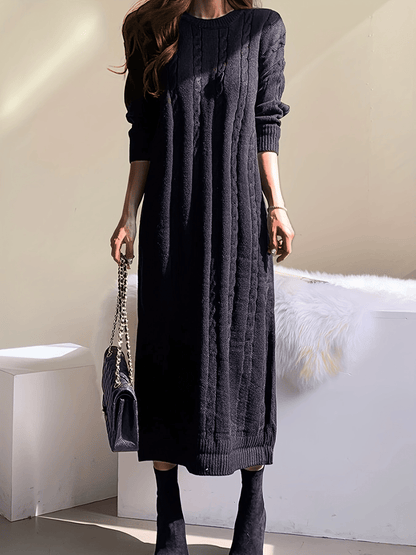 Solid Cable Knit Sweater Dress, Casual Long Sleeve Midi Dress, Women's Clothing