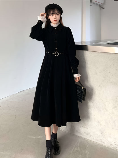 vlovelaw  Ruffle Trim Button Front A-line Dress, Chic Long Sleeve Belt Midi Length Dress, Women's Clothing