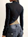 vlovelaw  Star Print Asymmetrical Hem T-Shirt, Casual Mock Neck Long Sleeve Top For Spring & Fall, Women's Clothing