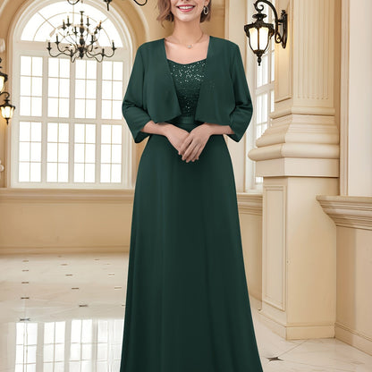 vlovelaw  Solid Color Two-piece Dress Set, Open Front Three-quarter Sleeve Cardigan & Sleeveless A-line Dress Outfits, Women's Clothing