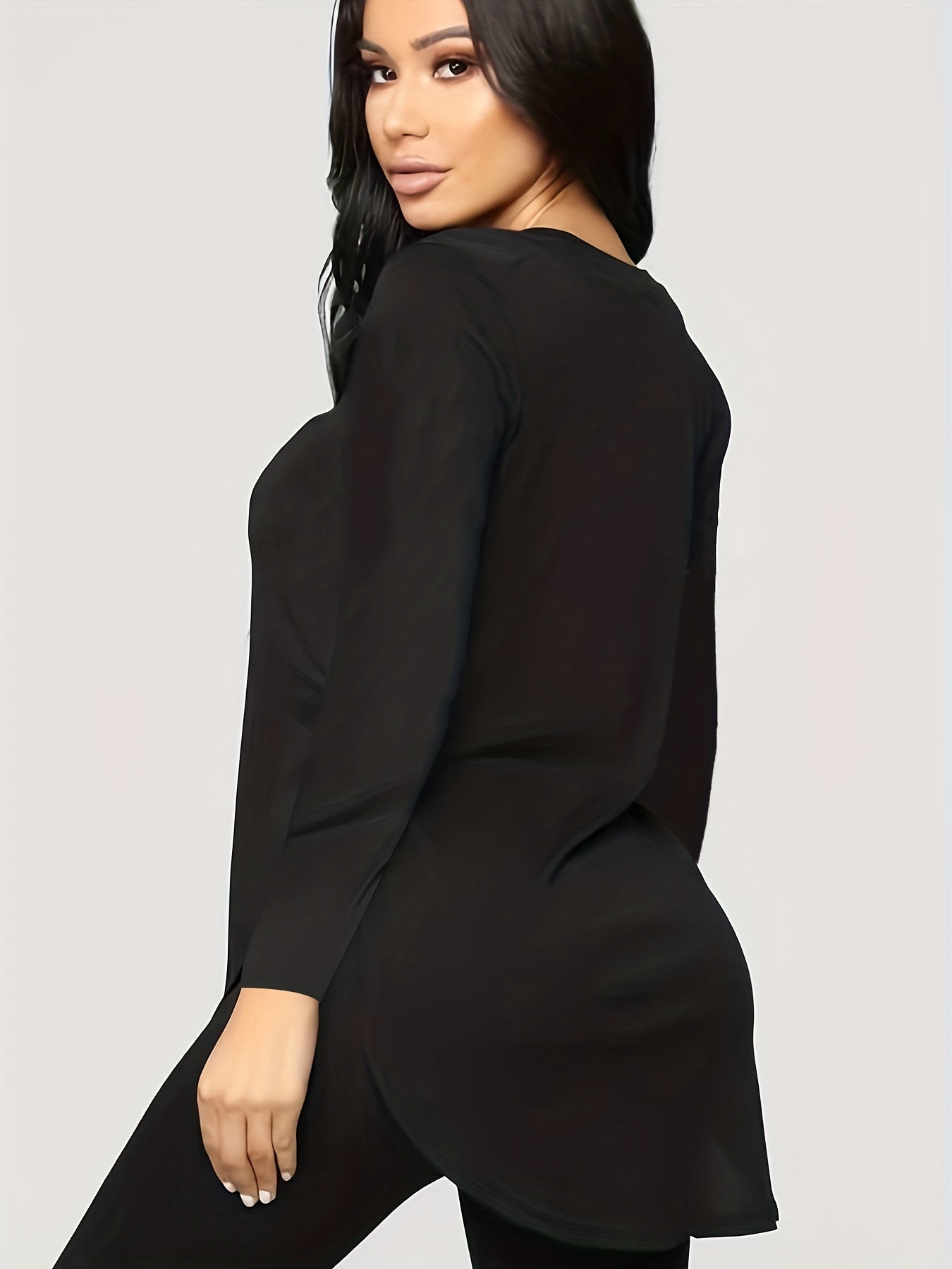 vlovelaw Solid Curved Hem Crew Neck T-Shirt, Casual Long Sleeve Top For Spring & Fall, Women's Clothing