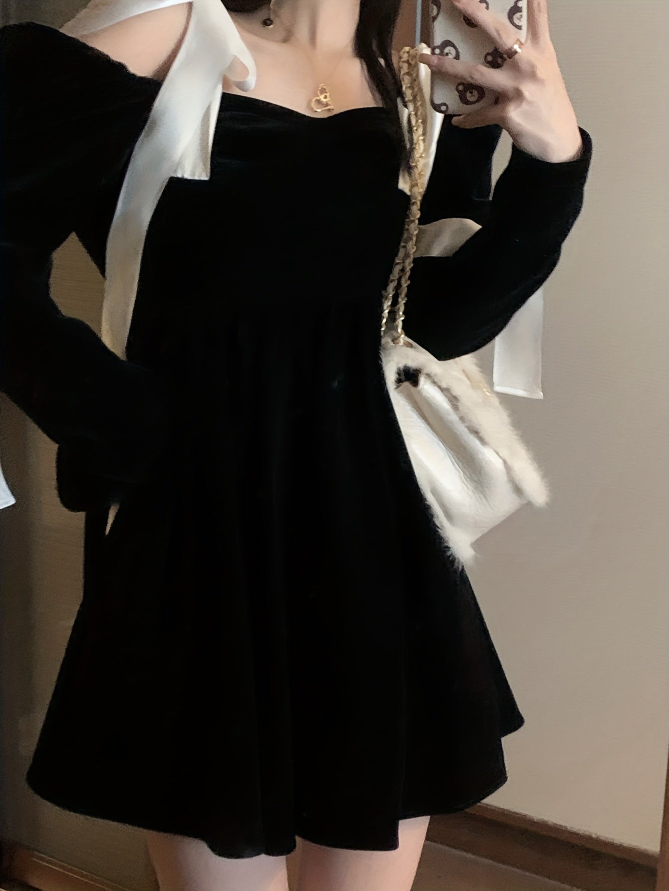 vlovelaw  Color Block Tie Shoulder Velvet Dress, Elegant Long Sleeve Party Dress, Women's Clothing