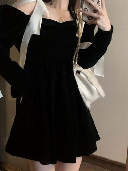 vlovelaw  Color Block Tie Shoulder Velvet Dress, Elegant Long Sleeve Party Dress, Women's Clothing